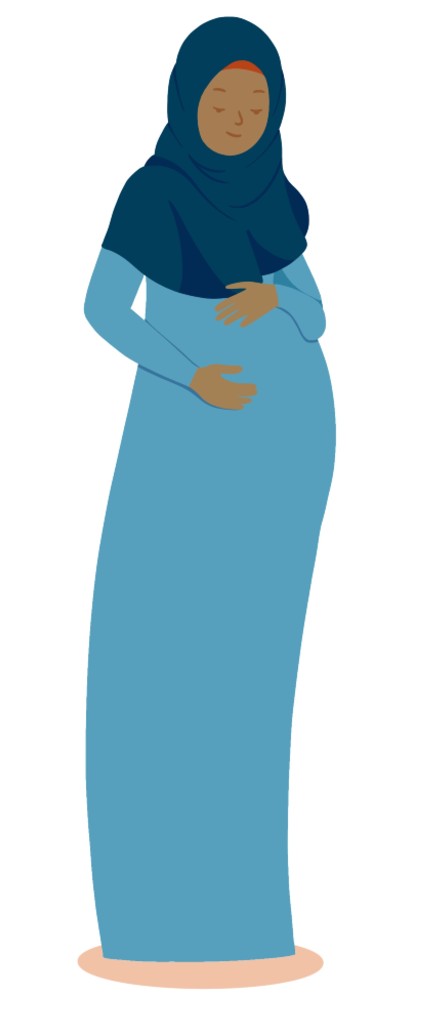 Cartoon illustration of pregnant woman holding her baby bump